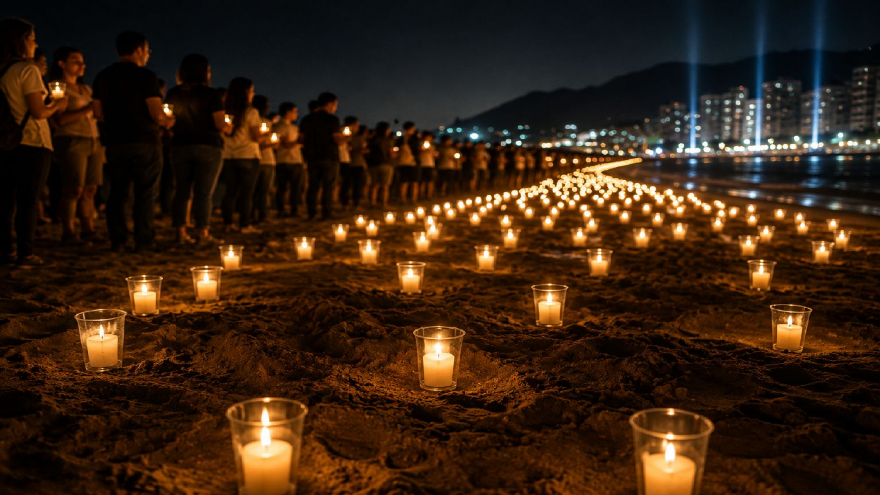 Velas encendidas sobre la playa durante una vigilia