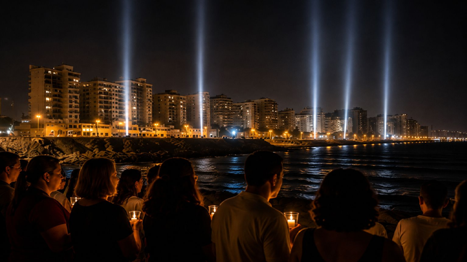 Personas sosteniendo velas frente al litoral iluminado